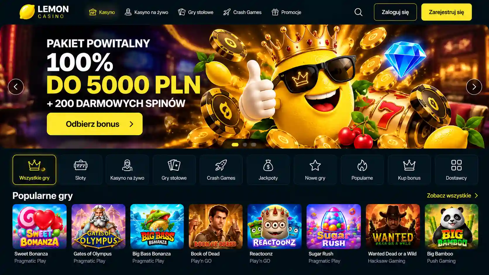 Główna strona Lemon Casino – widok desktopowy z bonusem powitalnym