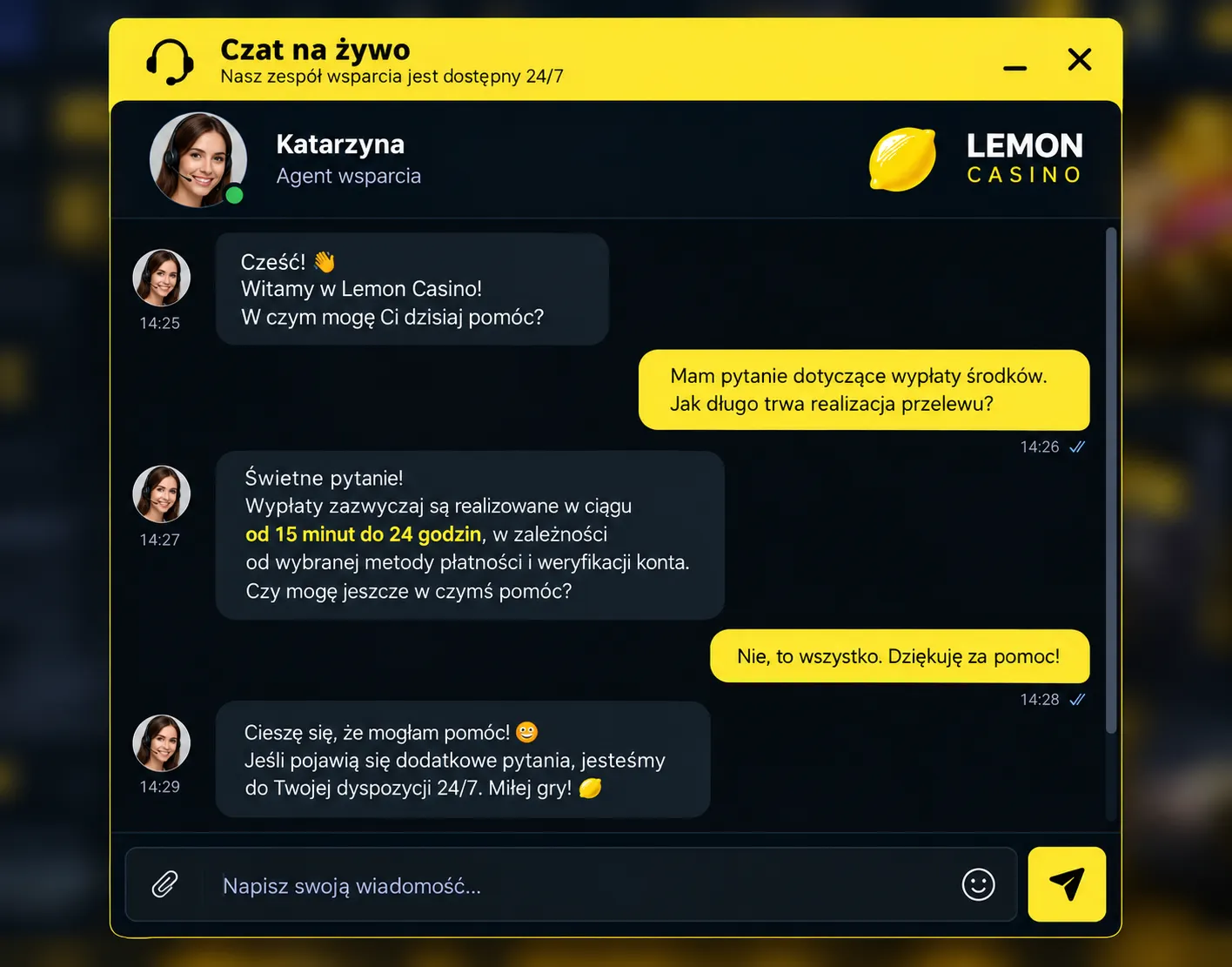 Czat na żywo Lemon Casino – rozmowa z agentem wsparcia po polsku