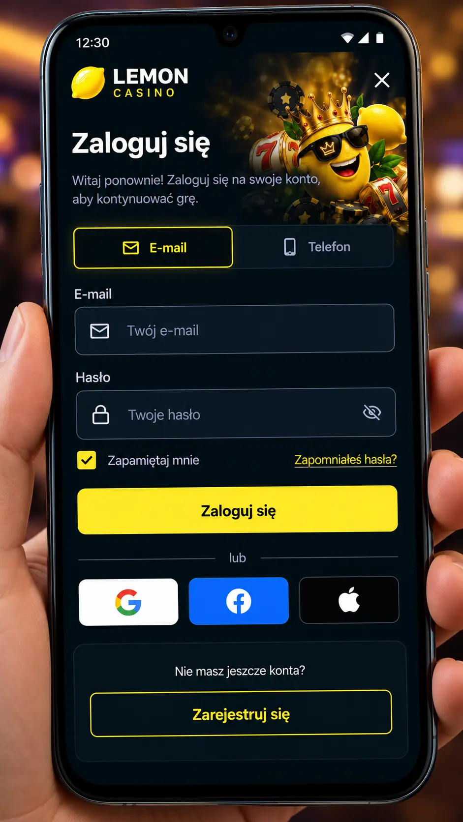 Lemon Casino logowanie – formularz na urządzeniu mobilnym
