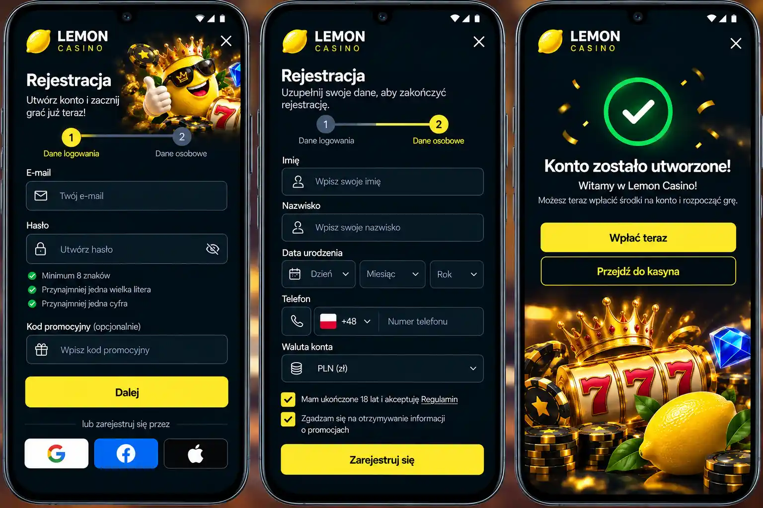 Lemon Casino – formularz rejestracji w trzech krokach