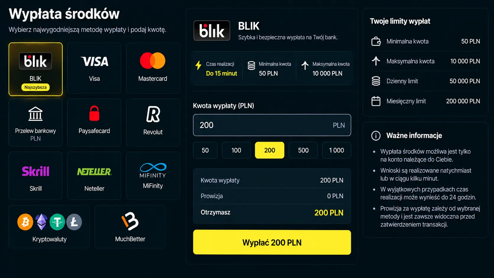 Formularz wypłaty środków w Lemon Casino – BLIK jako najszybsza metoda